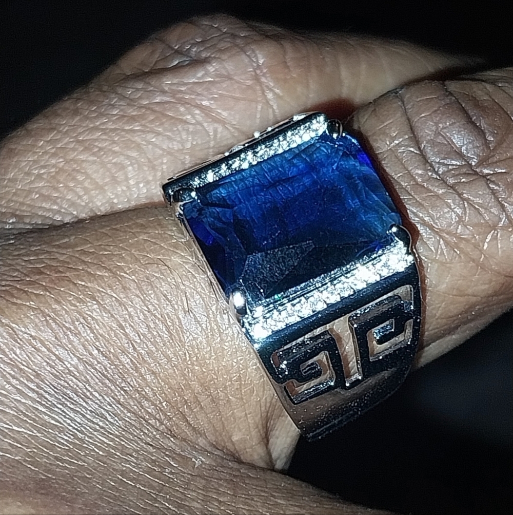 Men's 925 Silver Adjustable Ring with Blue Sapphire Gemstone